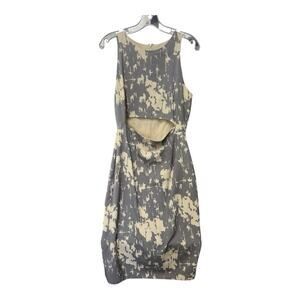 Karen Zambos Small Rhys Grey Ivory Printed Crepe Cutout Sheath Dress Feminine